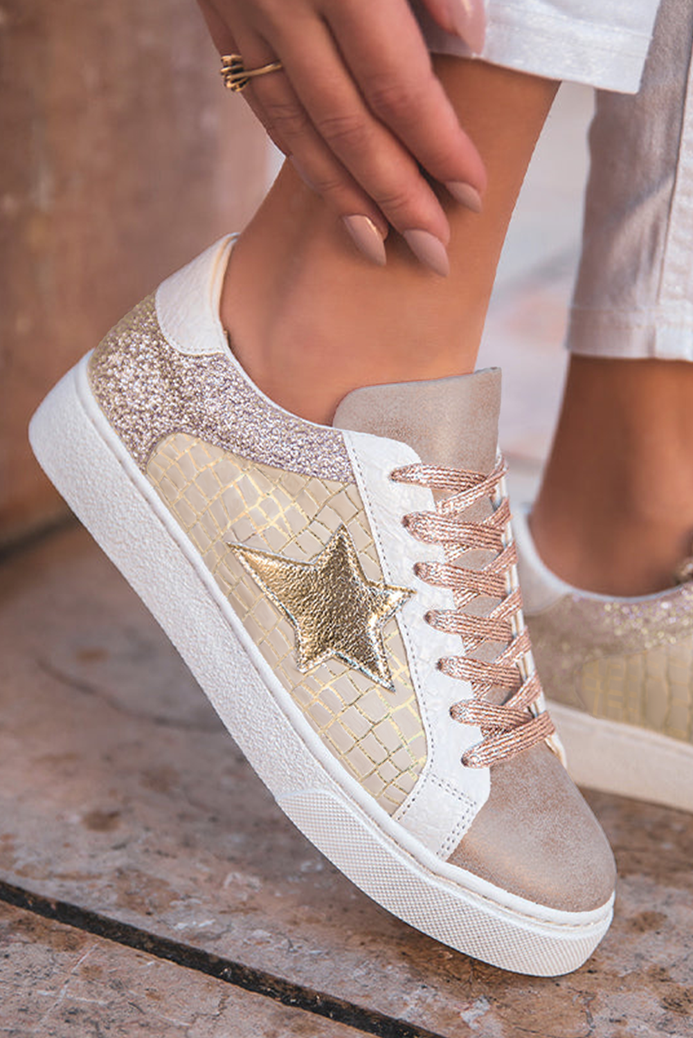 Gold Glitter Star Patchwork PU Leather Lace-up Sneakers - HieuLuxe