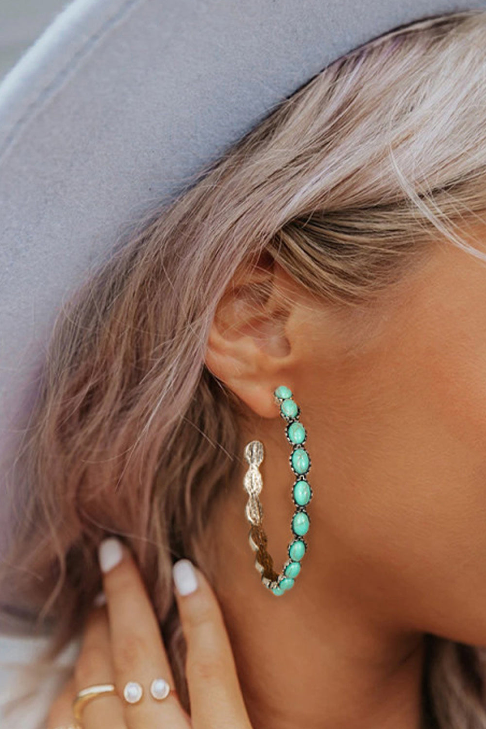 Sky Blue Turquoise Big Circle C-shaped Earrings - HieuLuxe