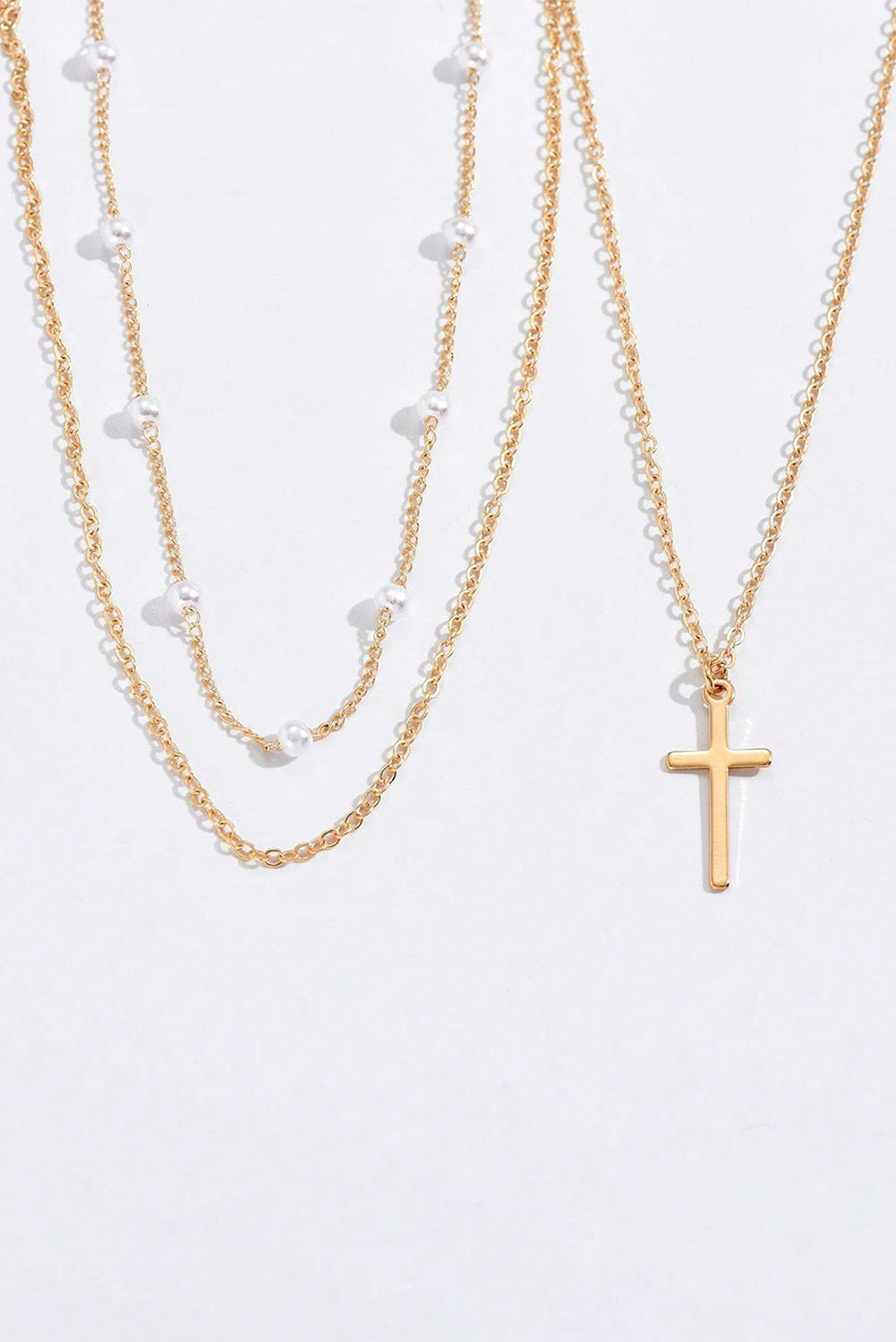 Gold Retro Multi-Layer Pearl and Cross Pendant Necklace Set - HieuLuxe