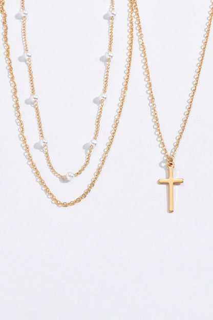 Gold Retro Multi-Layer Pearl and Cross Pendant Necklace Set - HieuLuxe