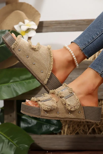 Pale Khaki Double Buckle Straps Frayed Detial Retro Slippers - HieuLuxe