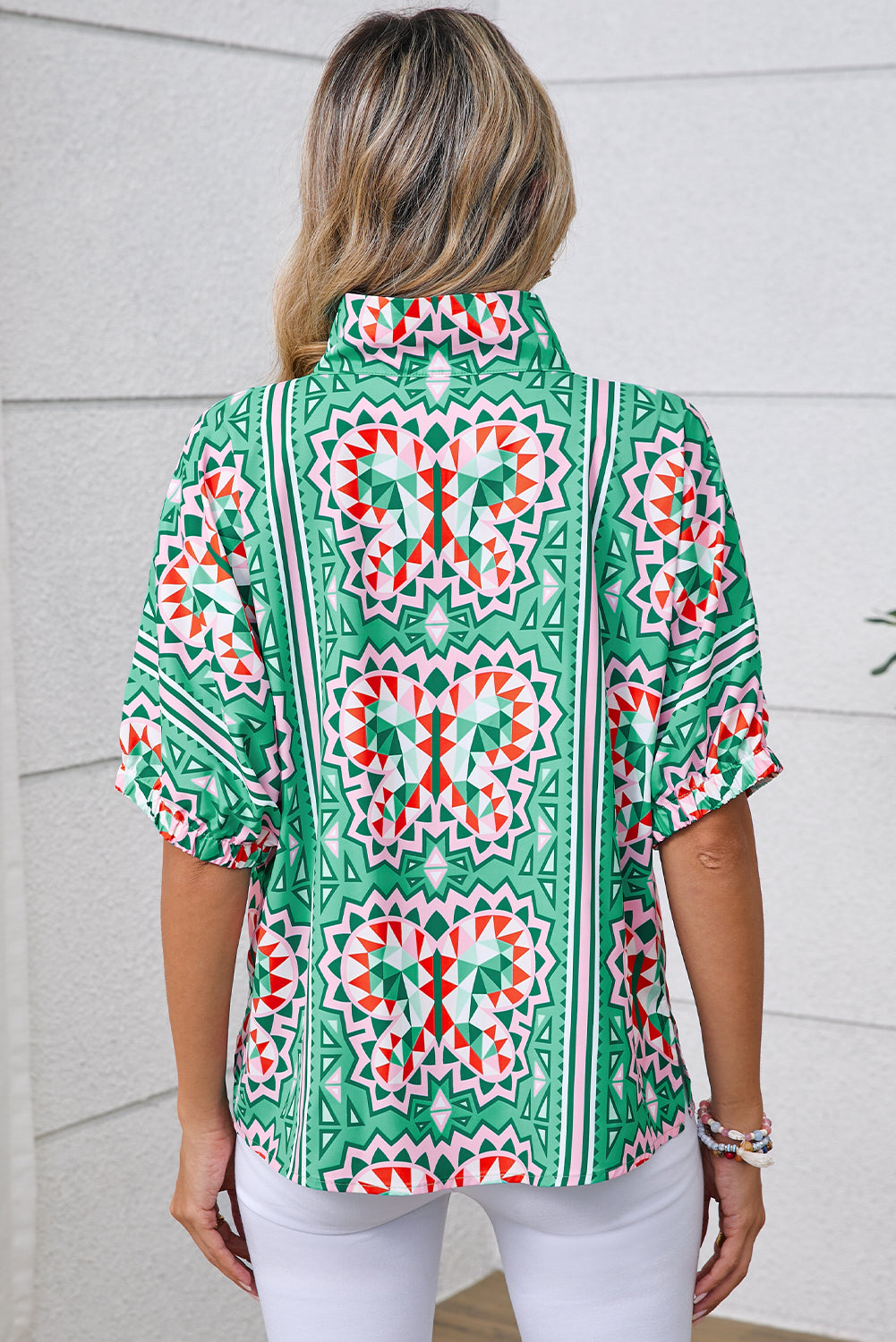 Sea Green Boho Geometric Print Pop of Color Neckline Blouse - HieuLuxe