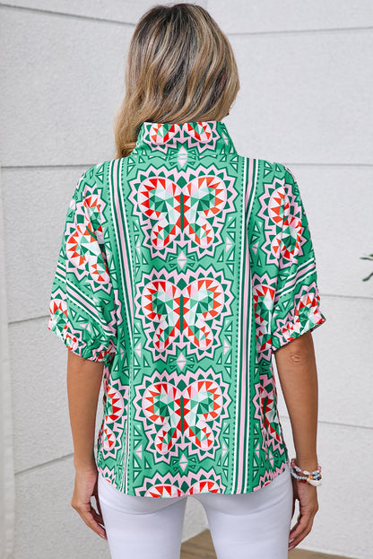 Sea Green Boho Geometric Print Pop of Color Neckline Blouse - HieuLuxe