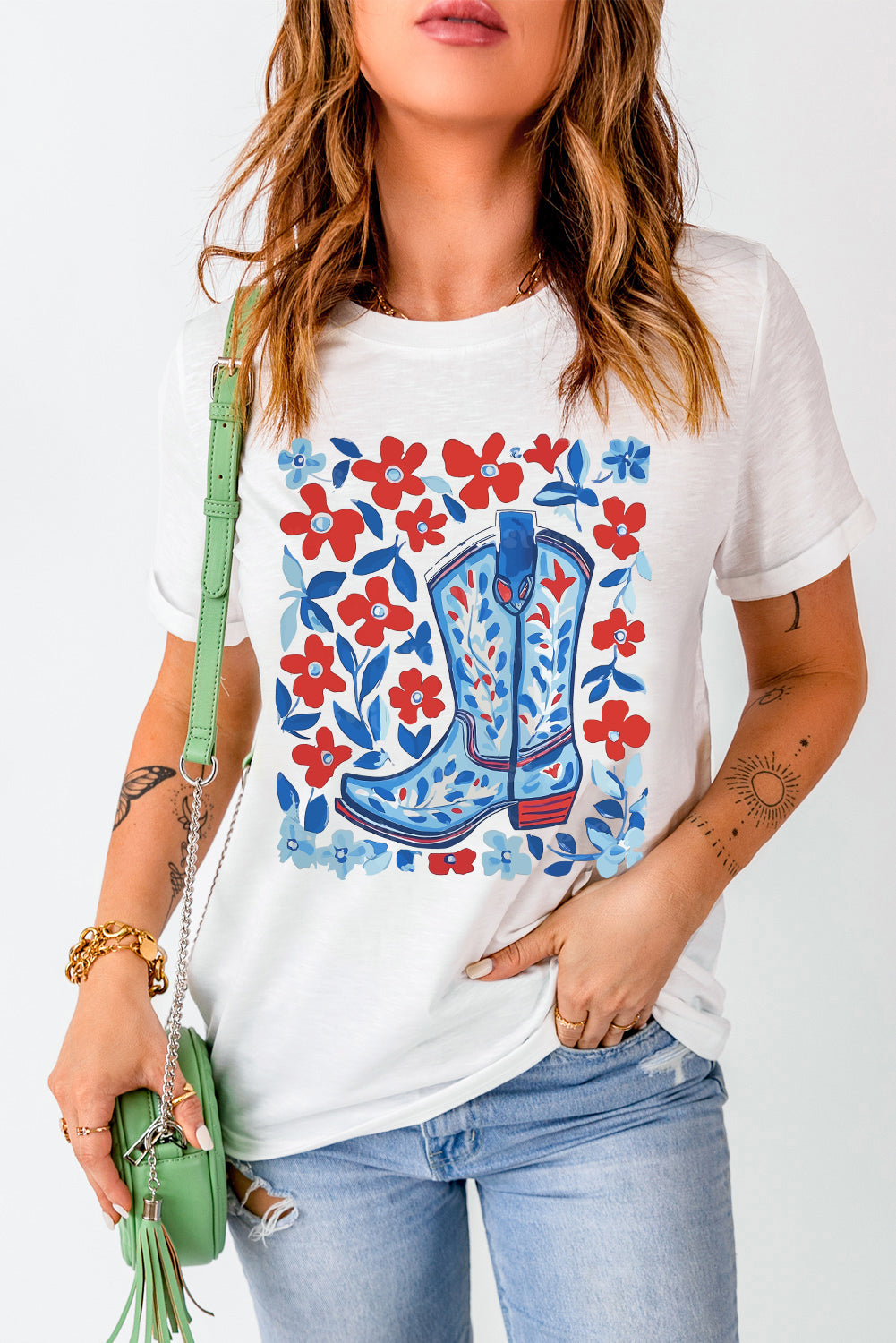 White Floral Western Boots Printed Cotton Blend T Shirt - HieuLuxe