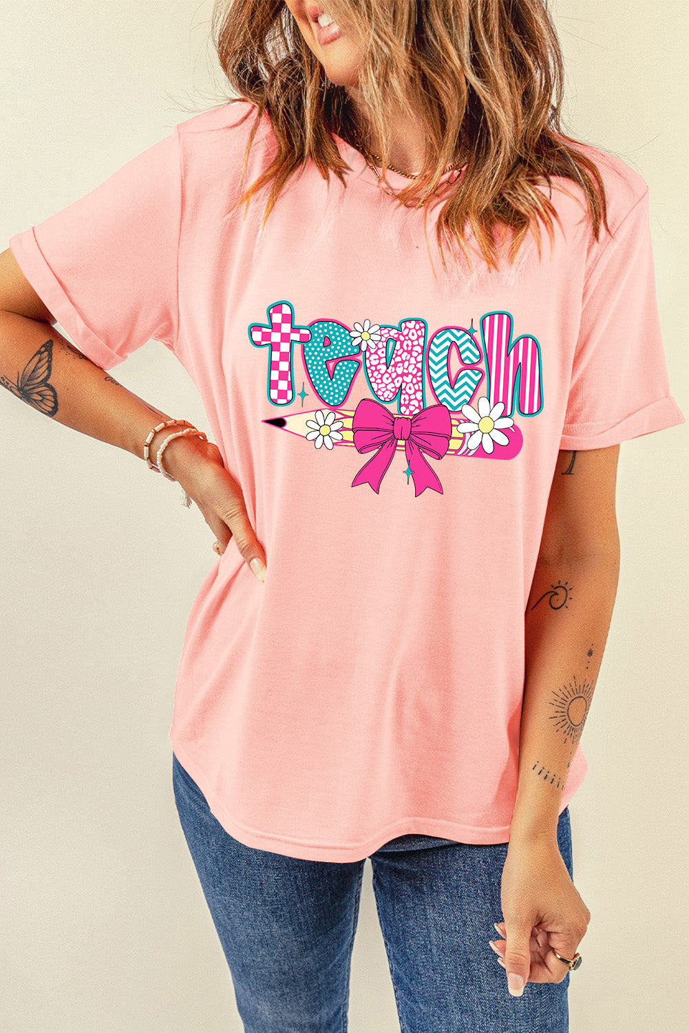 Pink Retro Checkered teach and Bow Pencil Graphic T Shirt - HieuLuxe