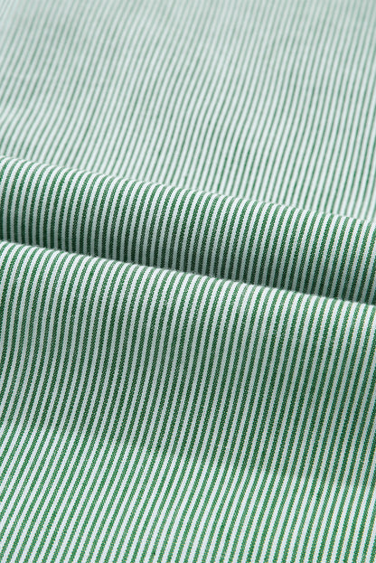 Green Stripe Frill Trim Pocket Button Up Mini Dress - HieuLuxe