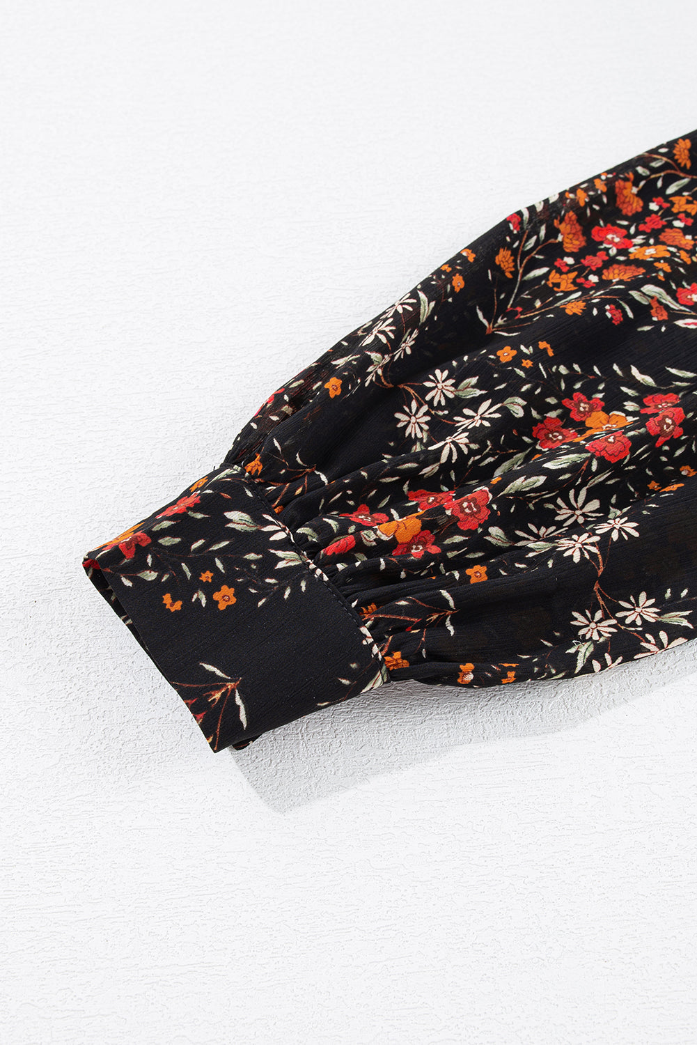 Black Floral Print Collared Button Up Puff Sleeve Shirt - HieuLuxe