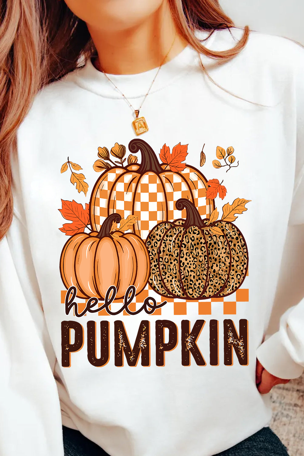 White Hello Pumpkin Thanksgiving Graphic Sweatshirt - HieuLuxe