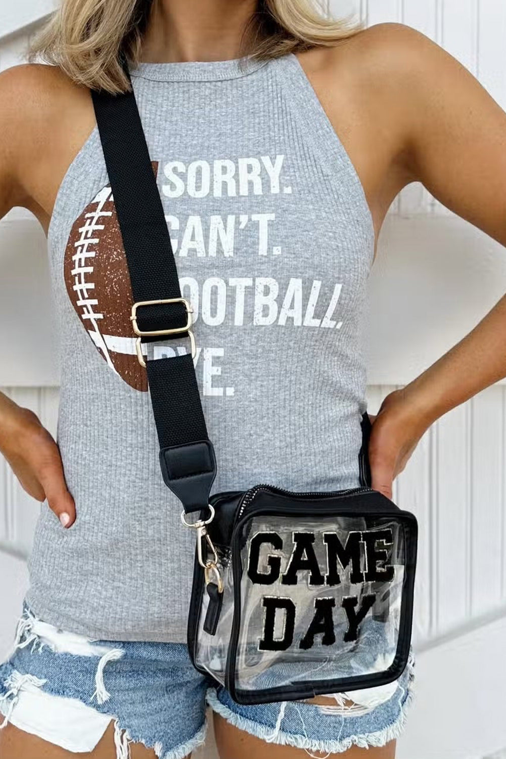Black Chenille GAME DAY Pattern Clear Bag - HieuLuxe