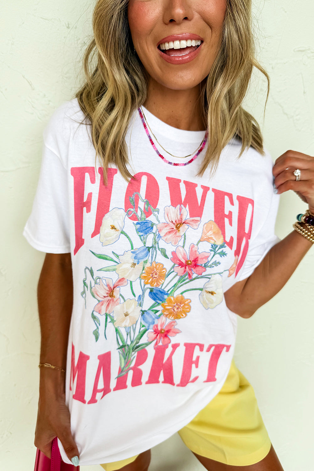 White FLOWER MARKET Letter Graphic T Shirt - HieuLuxe