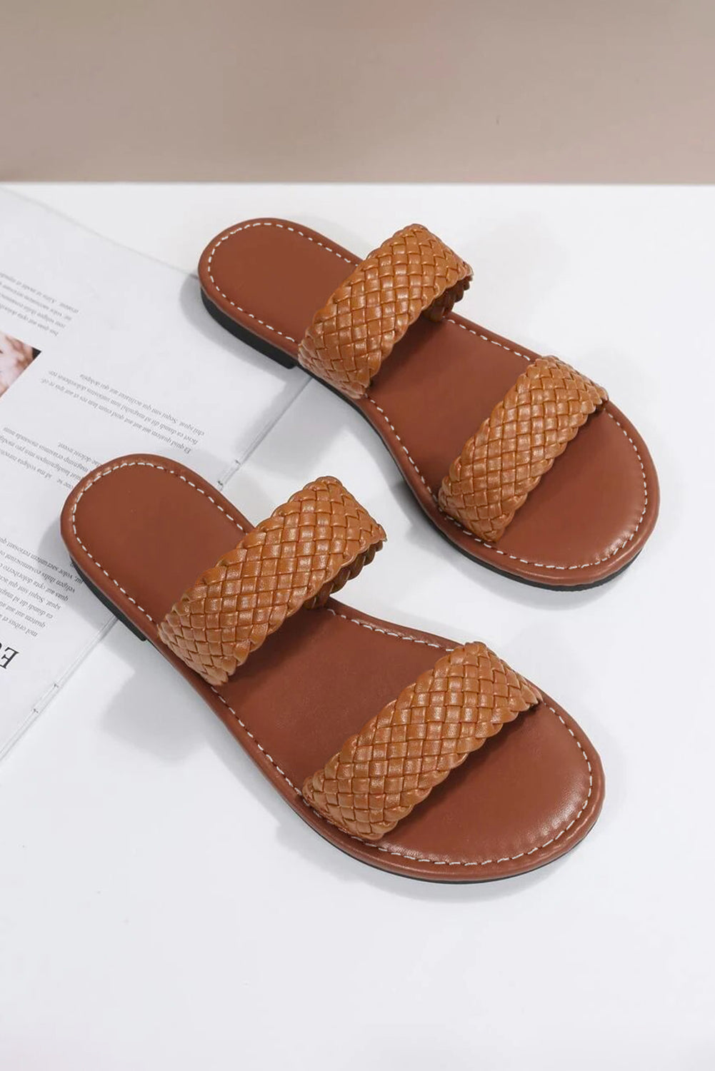 Chestnut Braided Double Band Leather Flat Slides Shoes - HieuLuxe