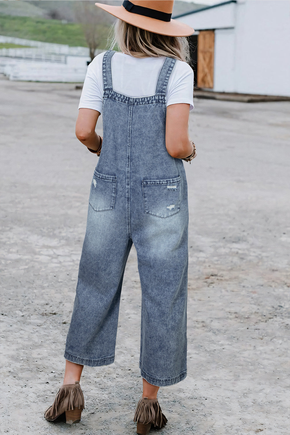 Stone Blue Distressed Bib Pocket Wide Leg Denim Overall - HieuLuxe