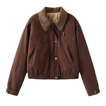 Women's Casual Contrast Color Neckline Bomber Puffer Jacket