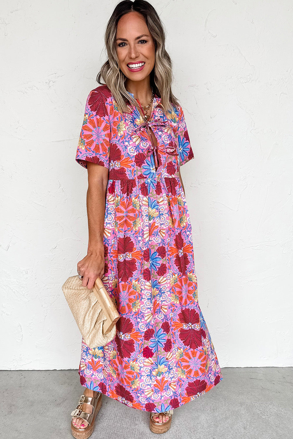 Rose Floral Print Tie Front High Waist Loose Midi Dress - HieuLuxe