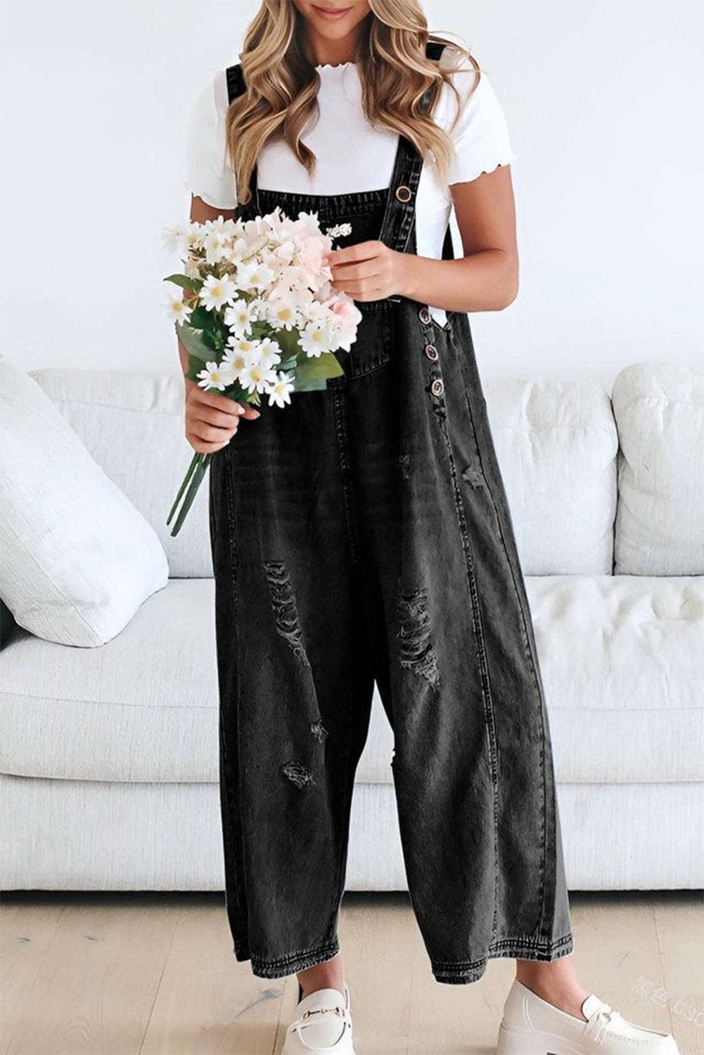Black Distressed Bib Pocket Wide Leg Denim Overall - HieuLuxe