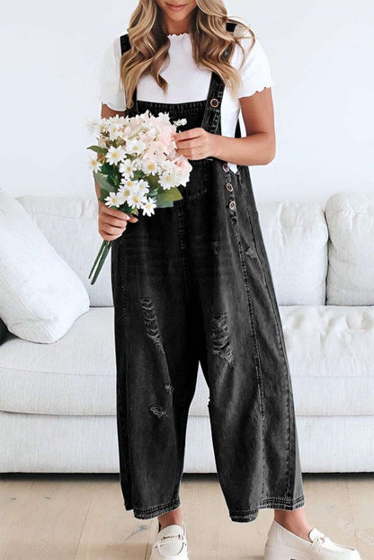 Black Distressed Bib Pocket Wide Leg Denim Overall - HieuLuxe