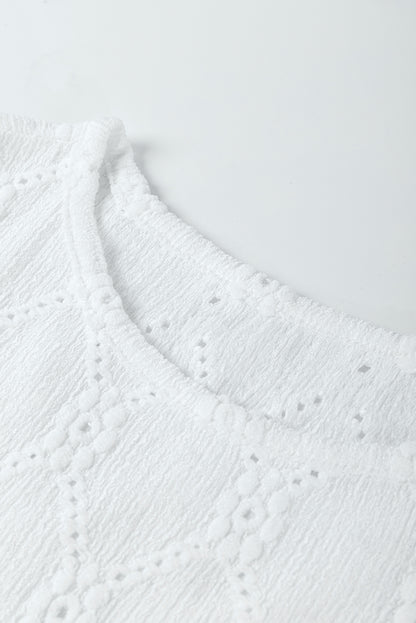 White Embroidered Floral Geometric Button Short Sleeve Top - HieuLuxe
