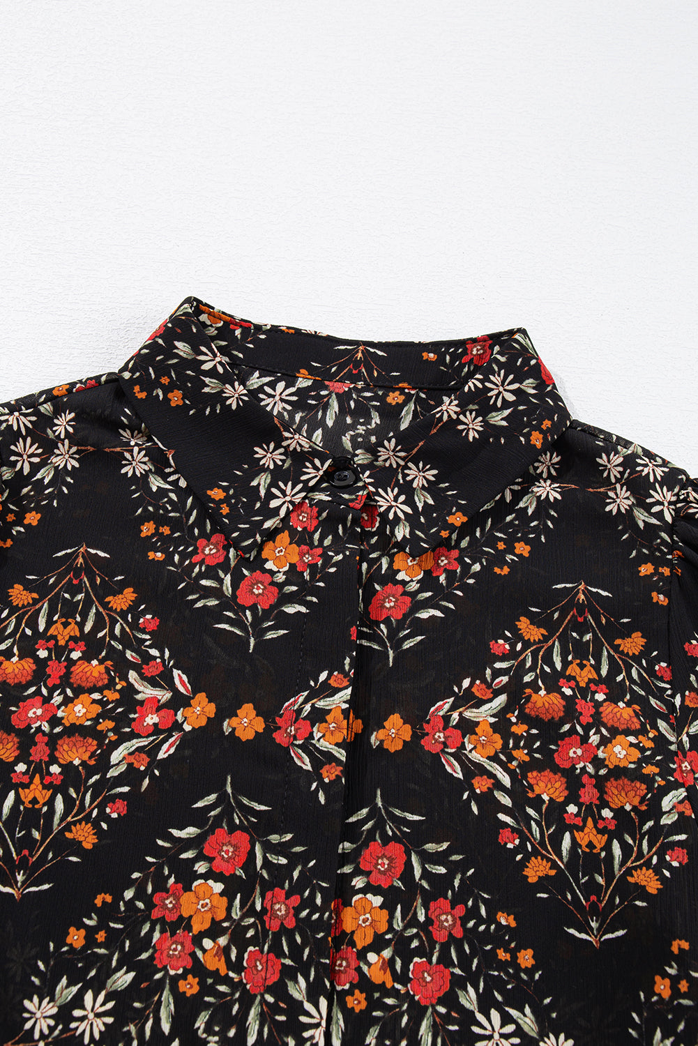 Black Floral Print Collared Button Up Puff Sleeve Shirt - HieuLuxe