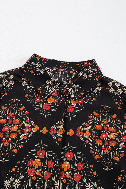 Black Floral Print Collared Button Up Puff Sleeve Shirt - HieuLuxe