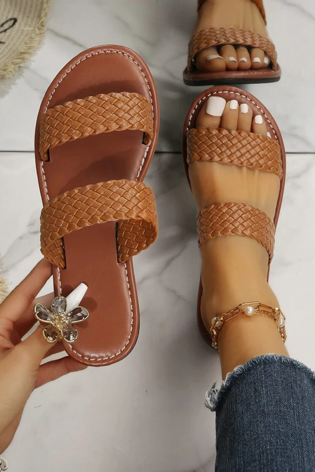 Chestnut Braided Double Band Leather Flat Slides Shoes - HieuLuxe