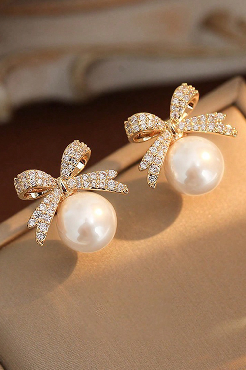 Gold Rhinestone Bowknot Pearl Earrings - HieuLuxe