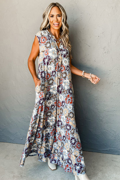 Sky Blue Floral Sleeveless Pocketed Wide Leg Jumpsuit - HieuLuxe