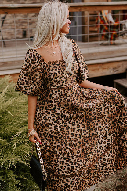 Brown Leopard Print Puff Sleeve Ricrac Maxi Dress - HieuLuxe
