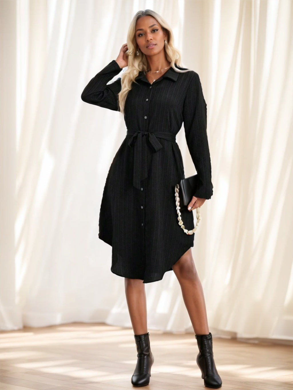 Women's Solid Color Long Sleeve Midi Dress Fall Women Dresses