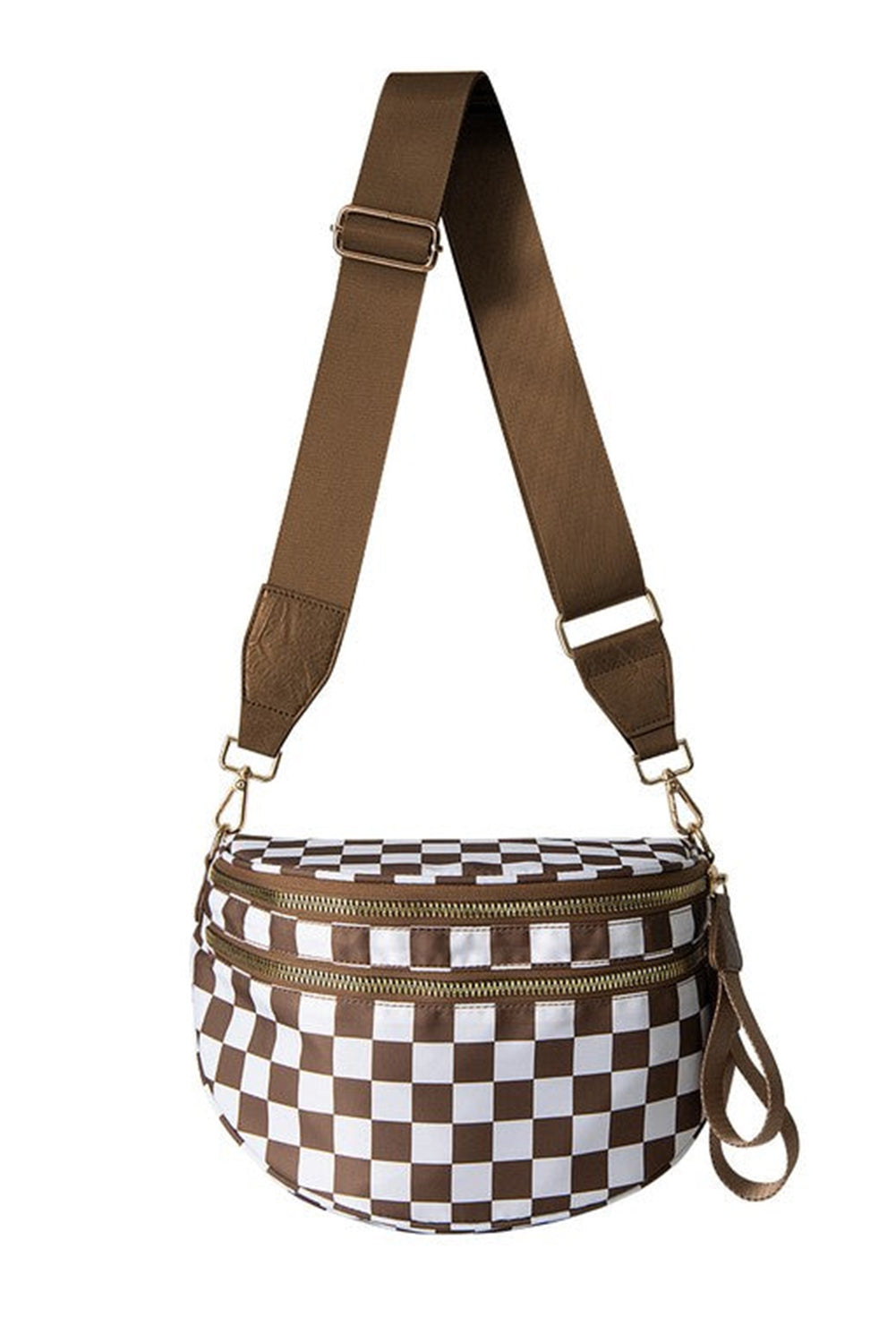 Chestnut Checkered Print Wide Strap Large Crossbody Bag - HieuLuxe