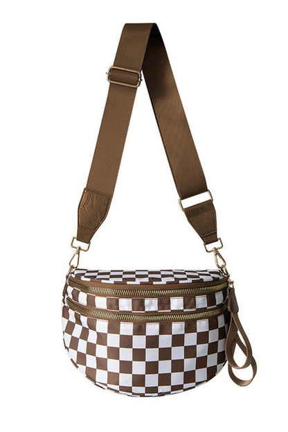 Chestnut Checkered Print Wide Strap Large Crossbody Bag - HieuLuxe