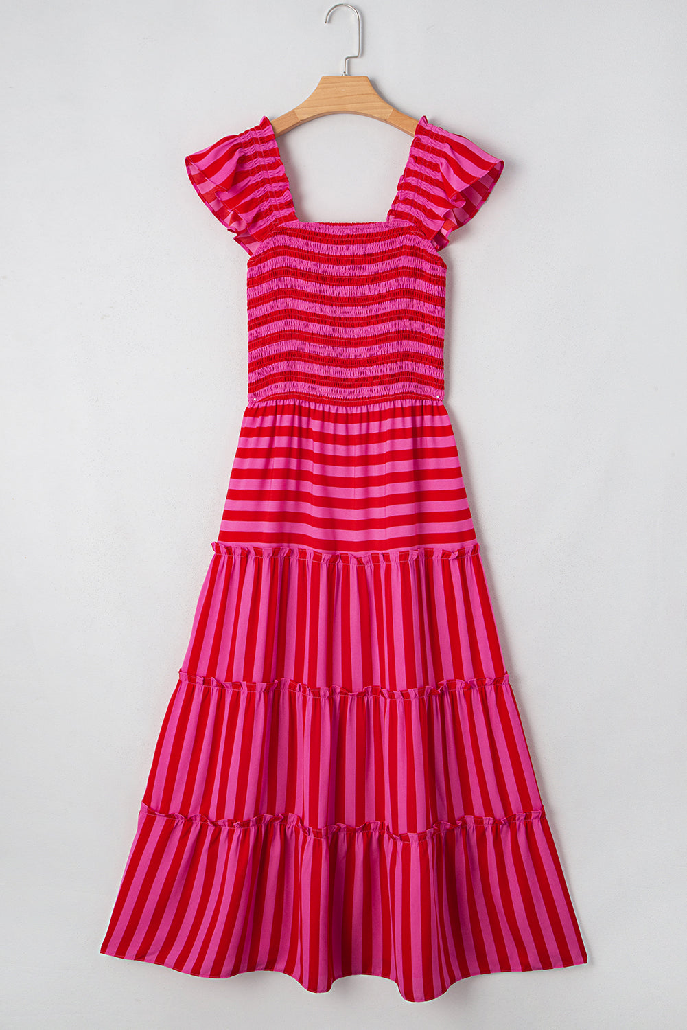 Rose Stripe Ruffle Strap Shirred Bodice Tiered Maxi Dress - HieuLuxe