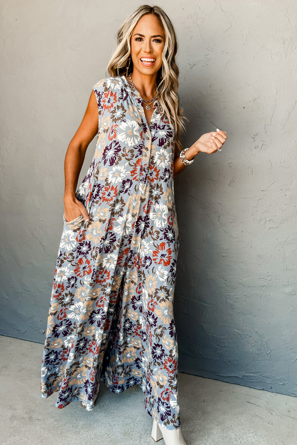 Sky Blue Floral Sleeveless Pocketed Wide Leg Jumpsuit - HieuLuxe
