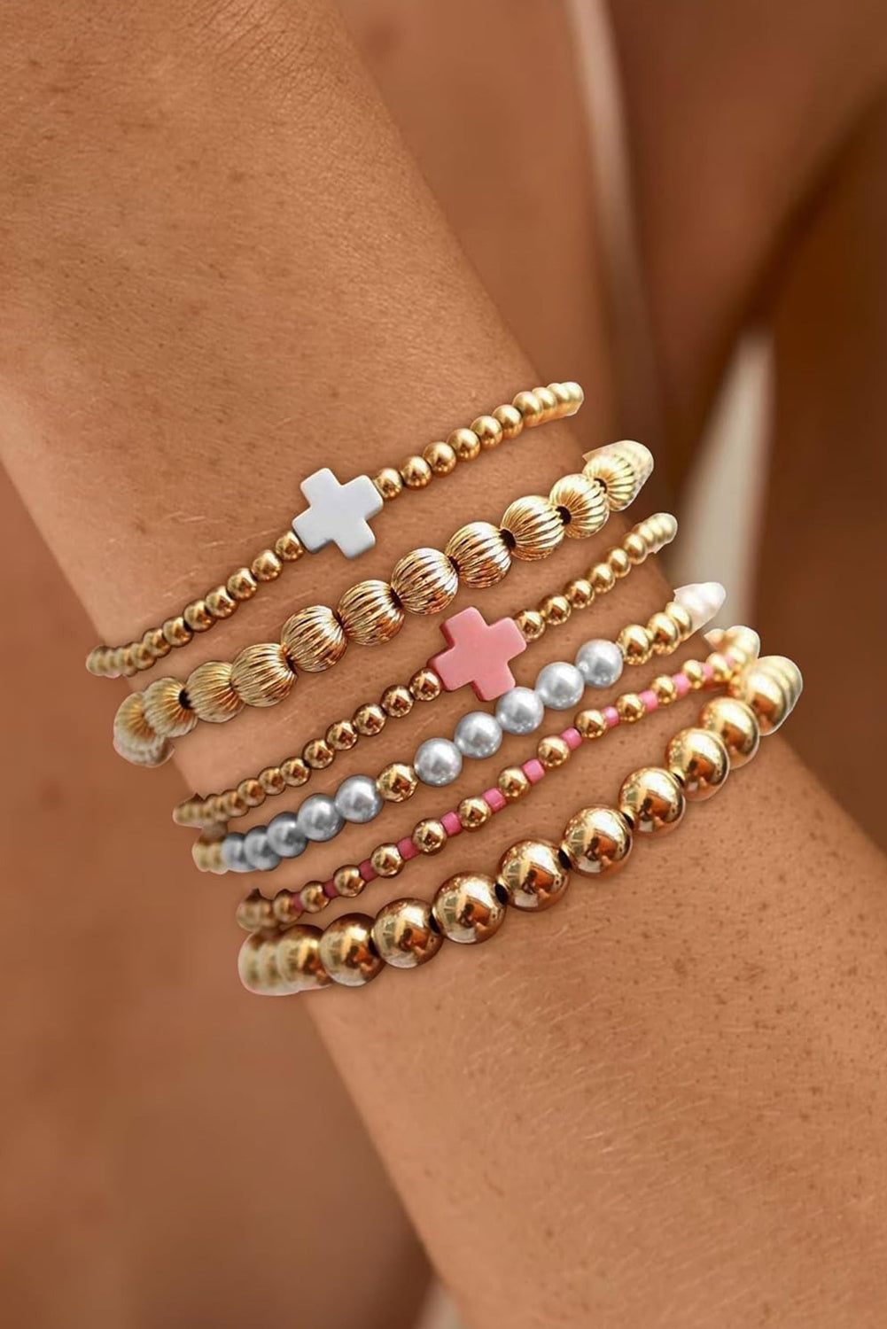 Gold Pearl Cross Beaded Stretch Bracelet Set - HieuLuxe