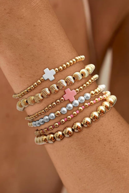 Gold Pearl Cross Beaded Stretch Bracelet Set - HieuLuxe