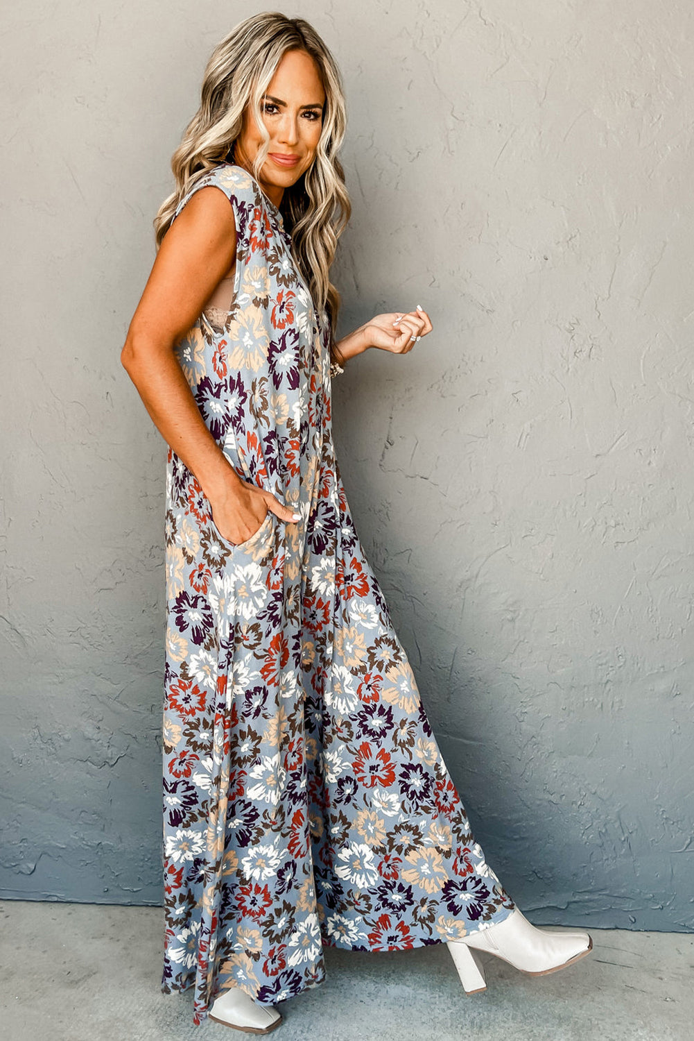 Sky Blue Floral Sleeveless Pocketed Wide Leg Jumpsuit - HieuLuxe