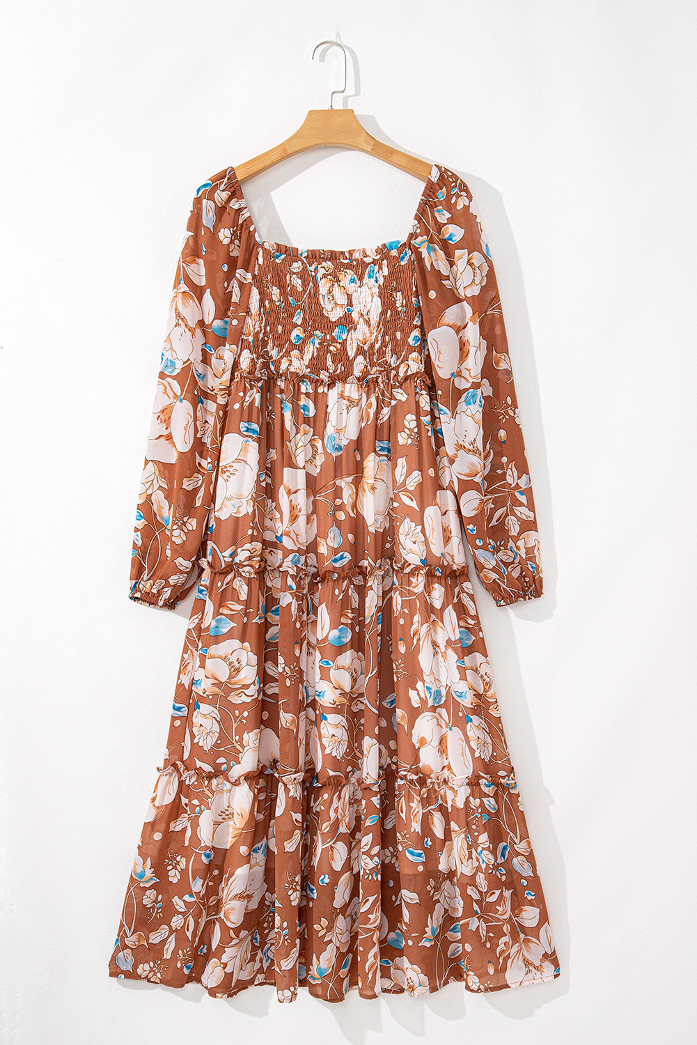 Brown Floral Print Shirred Square Neck High Waist Maxi Dress - HieuLuxe
