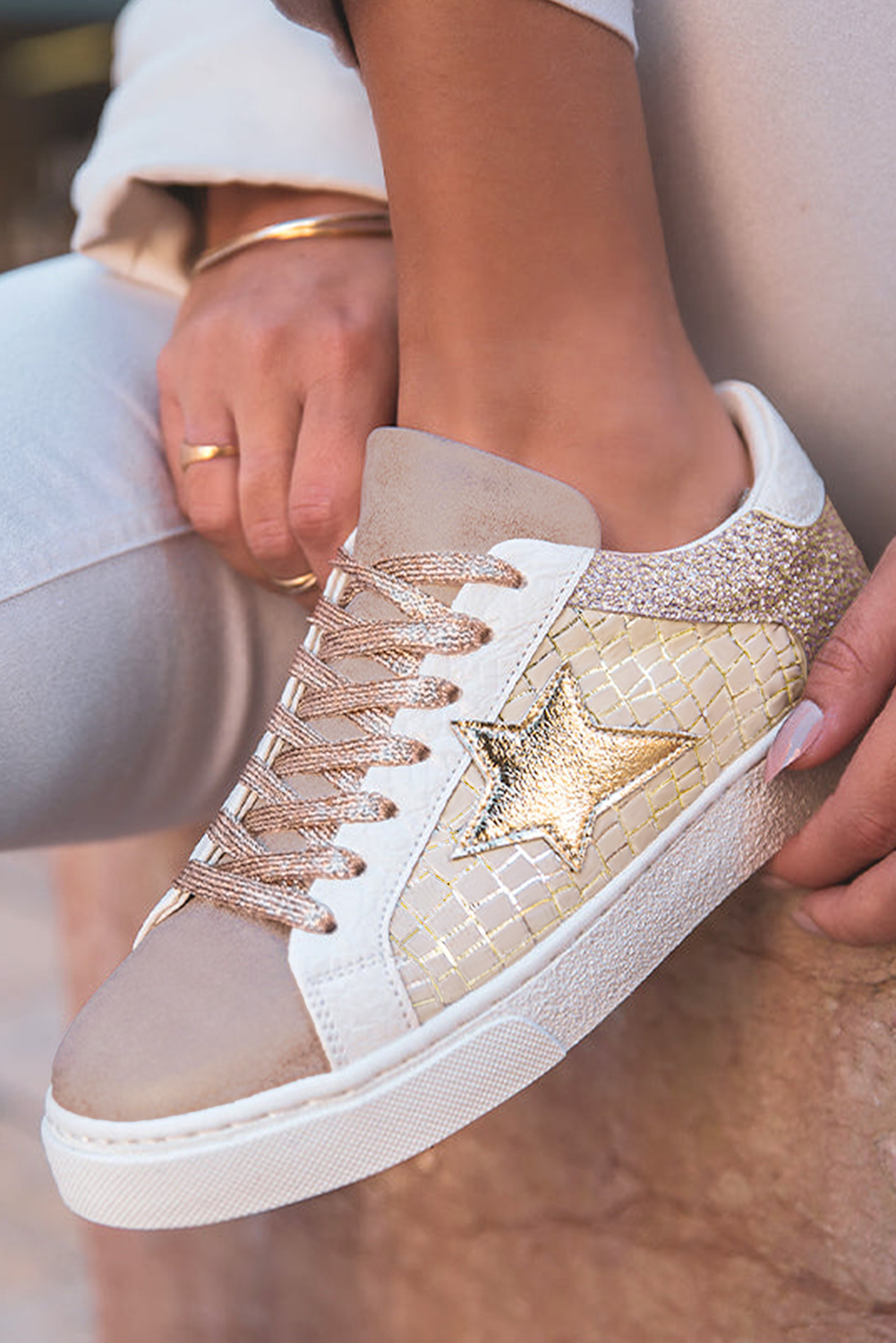 Gold Glitter Star Patchwork PU Leather Lace-up Sneakers - HieuLuxe