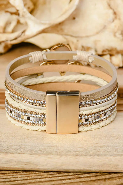 Beige Braided Heart Rhinestone Magnetic Buckle Multi Layered Bracelet - HieuLuxe