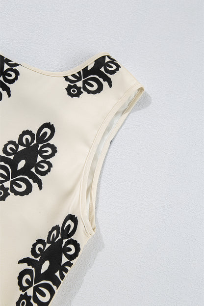 Beige Geometric Printed Sleeveless Hollowed Bowknot Back Mini Dress - HieuLuxe