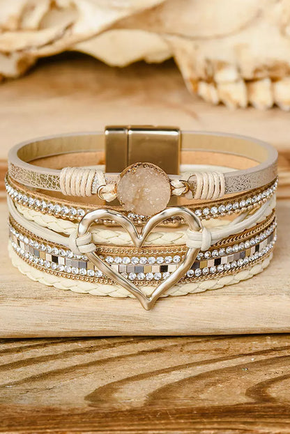 Beige Braided Heart Rhinestone Magnetic Buckle Multi Layered Bracelet - HieuLuxe