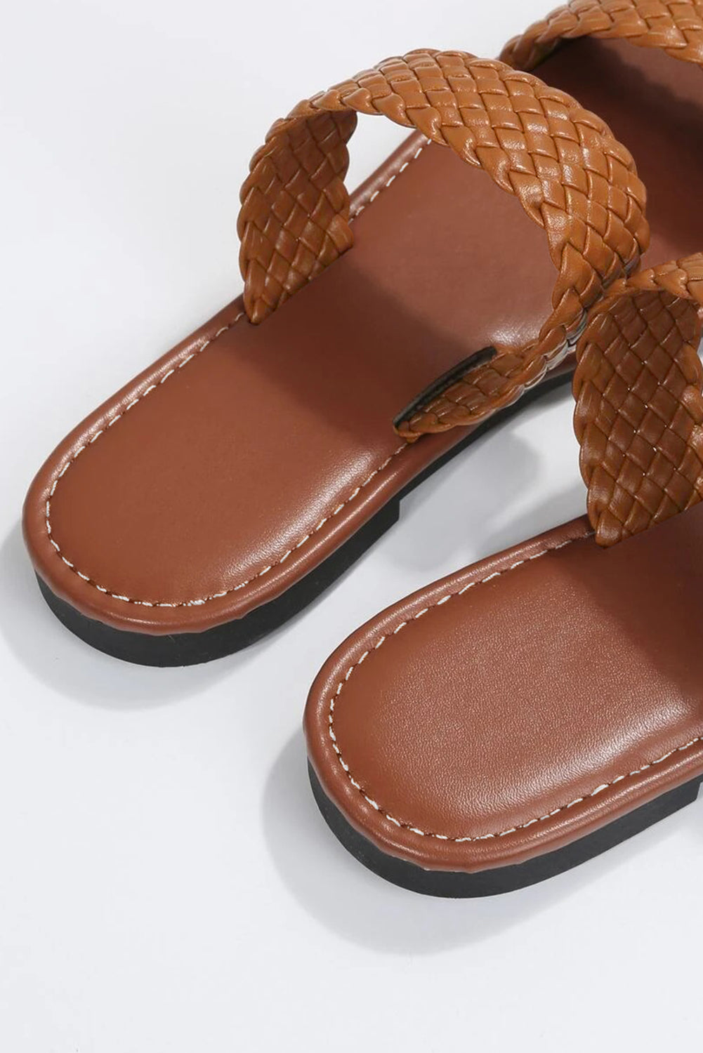 Chestnut Braided Double Band Leather Flat Slides Shoes - HieuLuxe