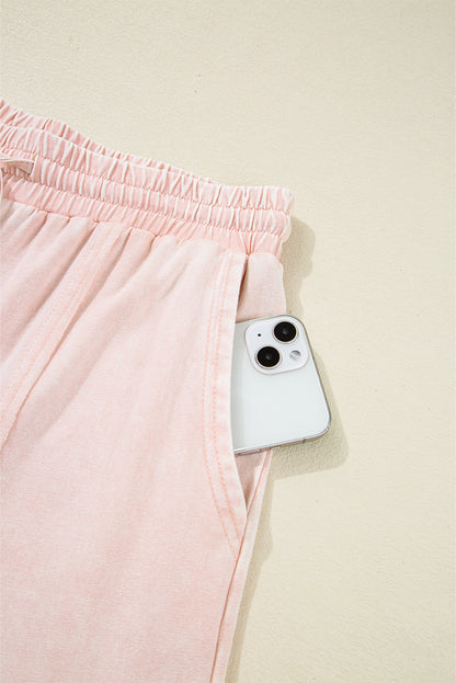 Pink Flower Patch Mineral Washed Cropped Wide Leg Pants - HieuLuxe