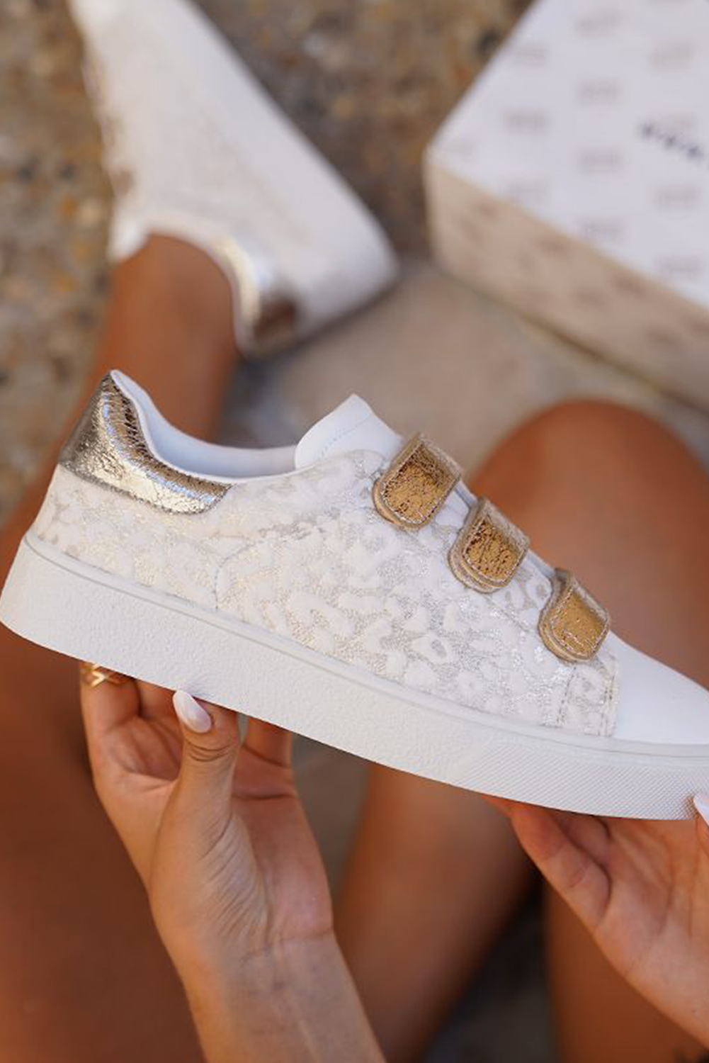 White Leopard Color Block Velcro Straps PU Leather Sneakers - HieuLuxe