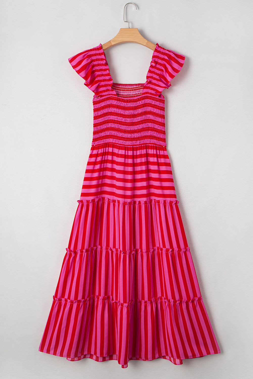 Rose Stripe Ruffle Strap Shirred Bodice Tiered Maxi Dress - HieuLuxe