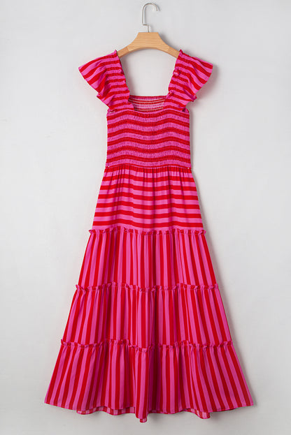 Rose Stripe Ruffle Strap Shirred Bodice Tiered Maxi Dress - HieuLuxe