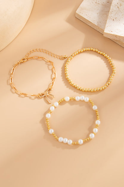 Gold Bow Pearl Decor Beaded Bracelet Set - HieuLuxe