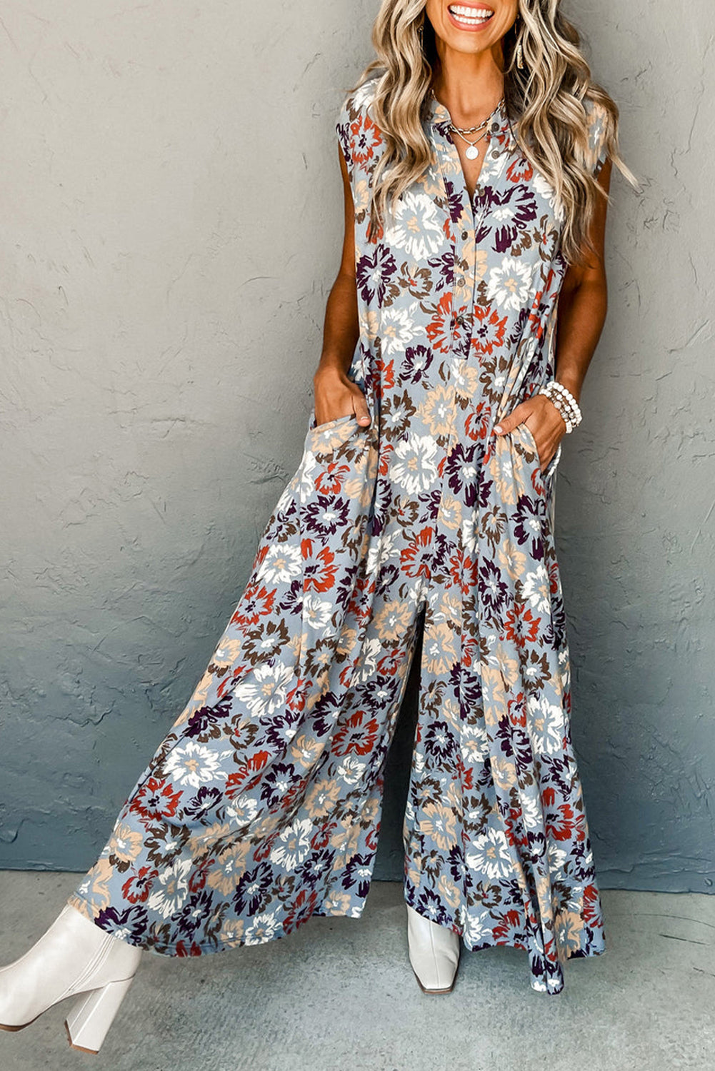 Sky Blue Floral Sleeveless Pocketed Wide Leg Jumpsuit - HieuLuxe