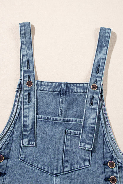 Stone Blue Distressed Bib Pocket Wide Leg Denim Overall - HieuLuxe