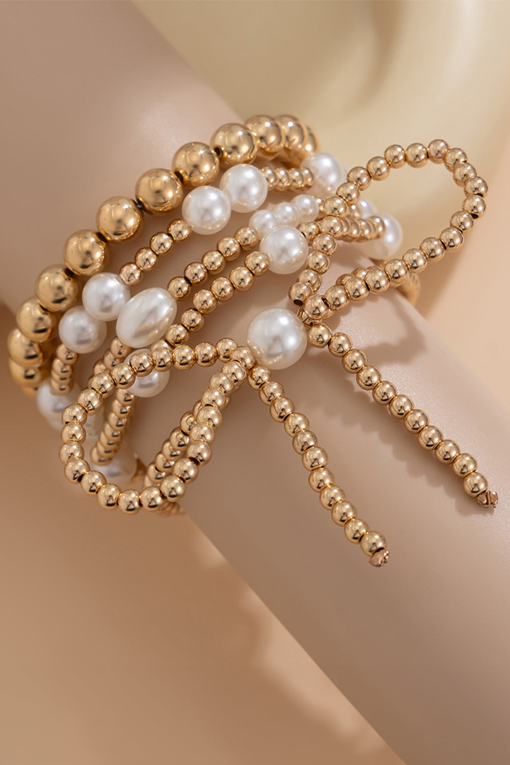 Gold Bow Knot Pearl Beaded Multi Layered Bracelet Set - HieuLuxe