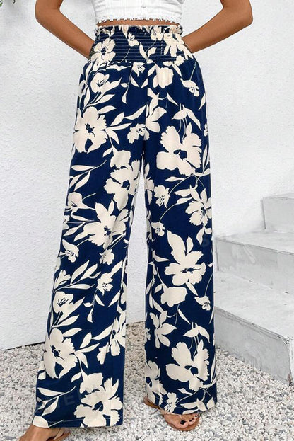 Blue Floral Smocked Frill Waist Wide Leg Pants - HieuLuxe